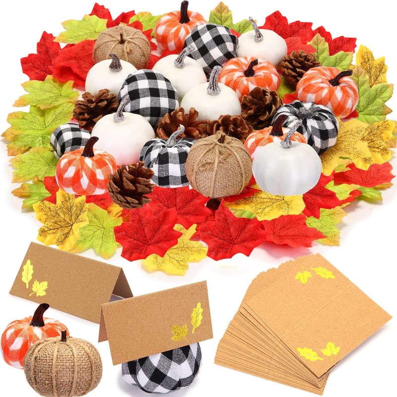 Photo 1 of 104 Pcs Fall Thanksgiving Decorations Mixture of Artificial Pumpkin Fall Maple Leaves for Fall Party Decor Festival Autumn Harvest Decorating Kit Halloween Thanksgiving Party Supplies(Warm Color)