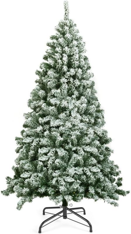 Photo 1 of 6FT Snow Flocked Christmas Tree, Artificial Hinged Pine Tree with Premium PVC Needles & Solid Foldable Metal Stand, Unlit Xmas Tree for Home Outdoor Decoration