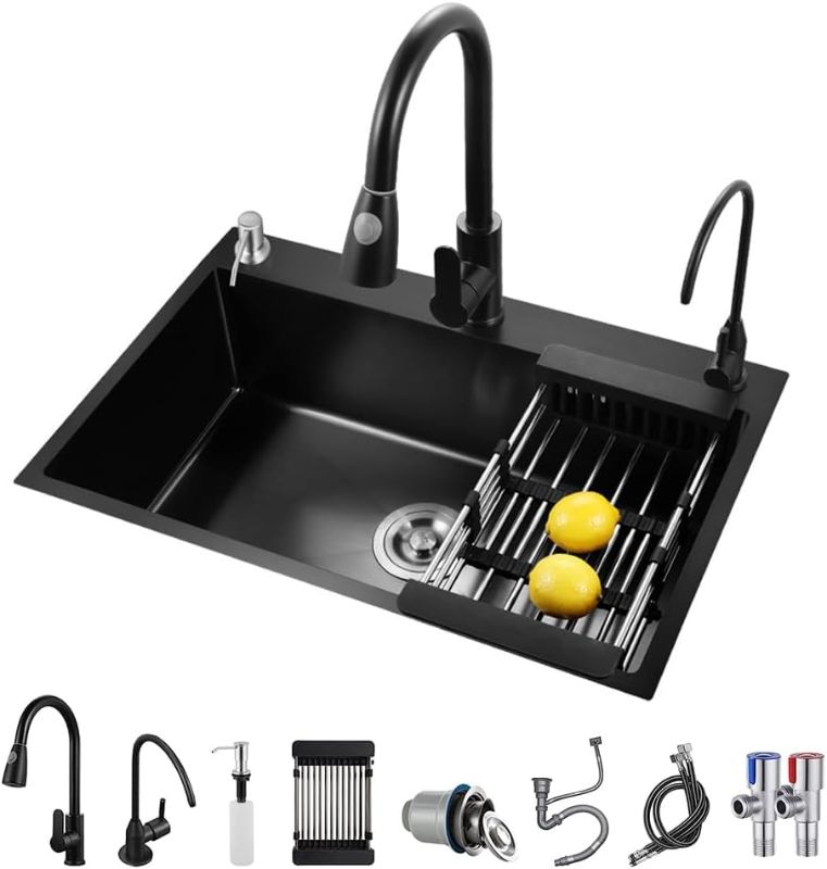 Photo 1 of **MISSING BOTH FAUCETS** 20" x 15" Black Kitchen Sink, Stainless Steel Single Bowl Sink,