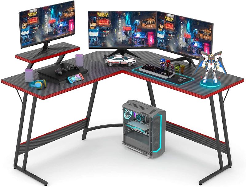 Photo 1 of  L Shaped Gaming Desk 51 Inch Computer Corner Table Home Office Desk Gamer Table with Large Monitor Riser Stand Carbon Fibre Surface (Black)