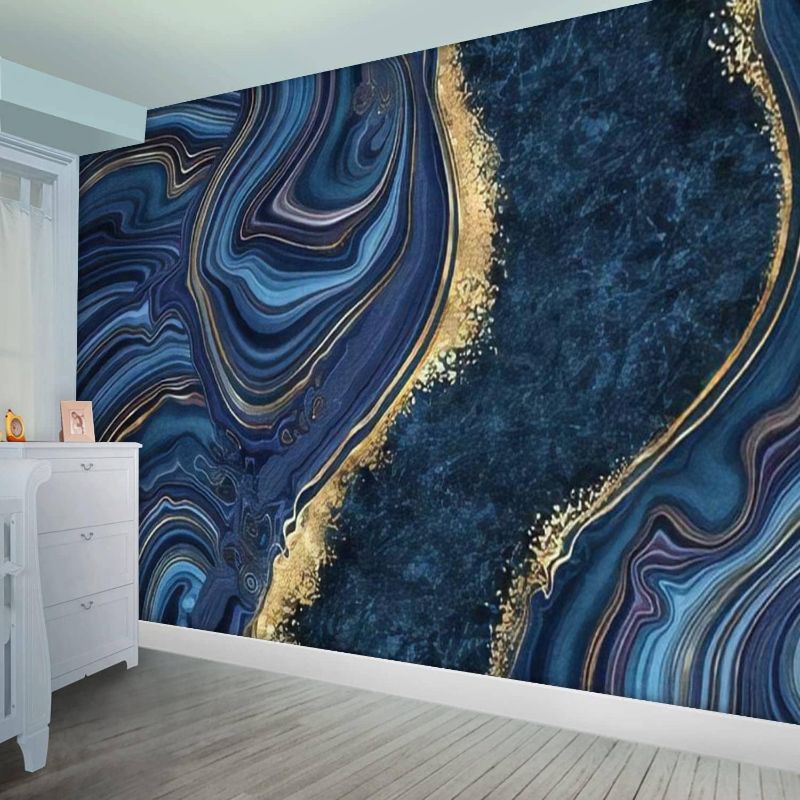 Photo 1 of 144"Wx100"H Self Adhesive Wallpaper Roll Paper abstract background blue marble agate granite mosaic with golden veins Peel and Stick Wallpaper Decorative Wall Mural Posters Home Covering Interior Film Blue,Golden 144"x100"/365x254cm