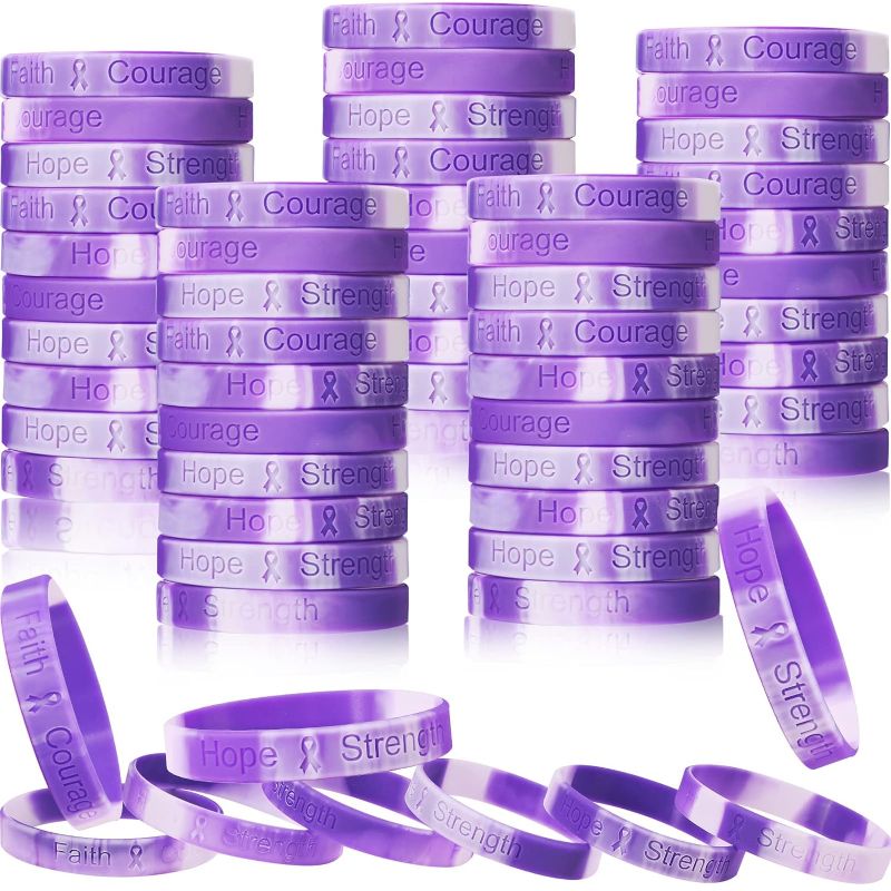 Photo 1 of 100 Pcs Purple Ribbon Cancer Awareness Bracelets