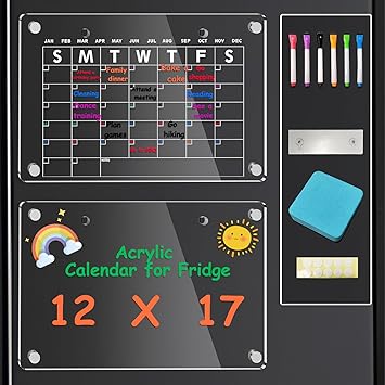 Photo 1 of Acrylic Magnetic Calendar for Fridge,2 Pcs 12"x17" Magnetic Monthly and Blank Planner Board,Clear Magnetic Dry Erase Calendar for Fridge,Includes Wall-Hanging Hooks and 6 Markers with Dry Eraser
