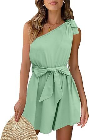 Photo 1 of DEEP SELF Women's Summer Rompers One Shoulder Sleeveless Tie Strap Belted Waist Flowy Short Jumpsuit with Pockets SIZE S