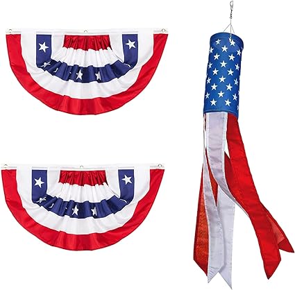 Photo 1 of 2 Pack 17.72x35.43in American Pleated Fan Flag & 1 Pack 5.71x39.37in American Wind Sock Heavy Duty, American Flag Bunting for Outside, 4th of July, Independence Day, National Day, Patriotic Decorative Flags