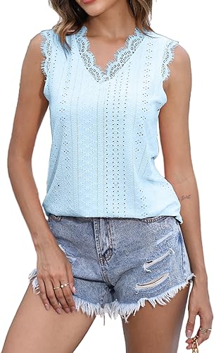 Photo 1 of Dwnval Fashion Women Lace Trim Tank Tops Summer Casual Sleeveless V Neck Eyelet Loose Flowy Blouse Shirts SIZE L