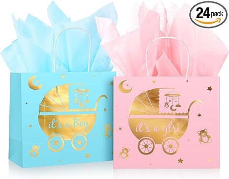 Photo 1 of 24 Pack Baby Shower Bag Gender Reveal Bags with Tissue Paper Girl or Boy Baby Shower Prize Bags Gift Wrap Bags with Handle for Newborn Pink and Blue, 9.06 x 7.87 x 3.94''