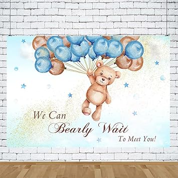 Photo 1 of AIBIIN 7x5ft Bear Baby Shower Backdrop We can Bearly Wait to Meet You Photography Background for Girl Boy Flying Bear Newborn Party Gold Glitter Dot Balloons Decorations Cake Smash Photo Studio Props 