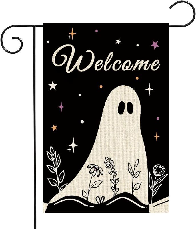 Photo 1 of 12 x 18 Inches Halloween Welcome Garden Flag Decorations - Double Sided Vertical Burlap Ghost Holiday Yard Flag Indoor Outdoor House Patio Lawn Outside Décor Party Supplies( 3 PACKS)
