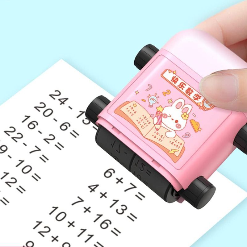 Photo 1 of 2 in 1 Addition and Subtraction Teaching Stamps for Kids?Double-Head Roller Digital Teaching Stamp Within 100 Teaching Math Practice Questions for Preschool Kindergarten Home School Supplies (Pink)
