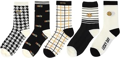 Photo 1 of AMYETAILEEN Smile Crew Women 5pairs Socks - Checkered Happy Neutral Girls Fun Warm Cozy cotton Casual Fuzzy Canvas SIZE 5-8