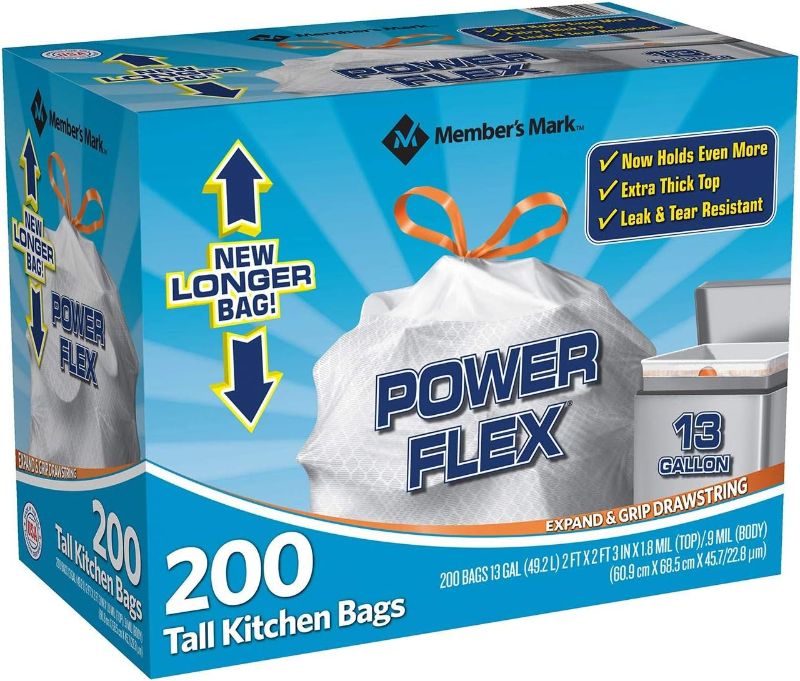 Photo 1 of  Member's Mark Power Flex Tall Kitchen Drawstring Bags, 200 Count 