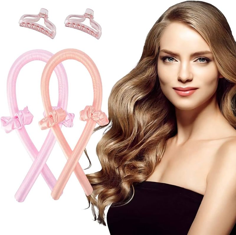 Photo 1 of 2pcs Heatless Curling Rod Headband - Heatless Hair Curler for Long Hair, No Heat Curl Ribbon with Hair Clips and Scrunchie, You Can Sleep In Soft Foam Curling Rods Hair Rollers Overnight for Women Girl's