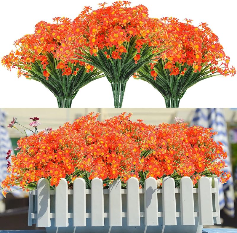 Photo 1 of  Artificial Daisy Flowers Outdoor UV Resistant Flowers Shrubs Plastic Flowers Hanging Fake Daisies Plants Faux Mums for Wedding Cemetery Porch Window Planter Indoor Decor (Orange Red,30 Bundles) 