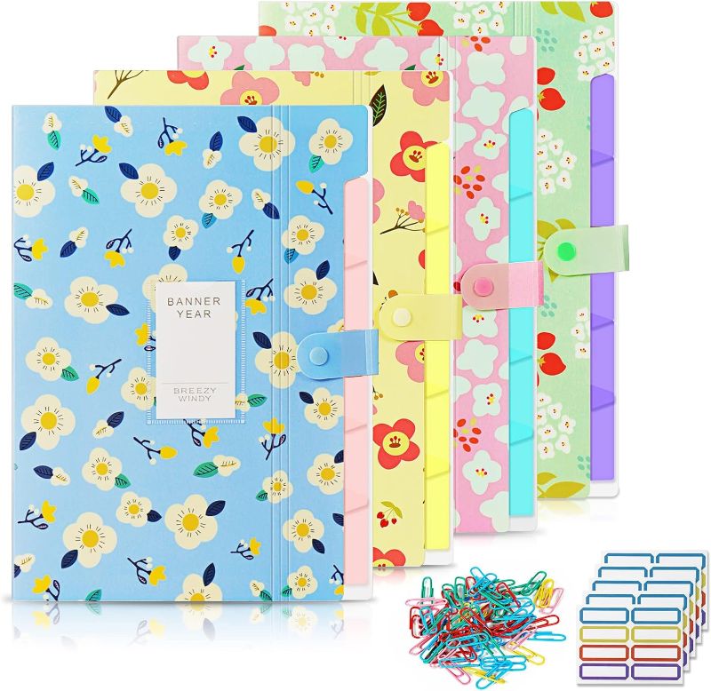 Photo 1 of 2 PACK Expanding File Folder, 4 Pcs A4 Letter Size Accordion Document Organizer with 6 Pockets, 40 pcs Stickers, 60pcs paperclips, for School and Office 