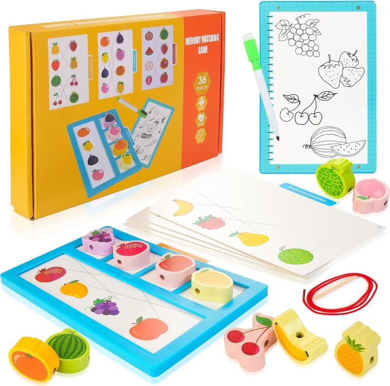 Photo 1 of Bravmate Wooden Memory Matching Games, 3 in 1 Montessori Toy Set Including Puzzle Board, Lacing Beads and Double Functional Doodle Board, Preschool Educational Toys for Toddler Aged 2 3 4 Years Old
