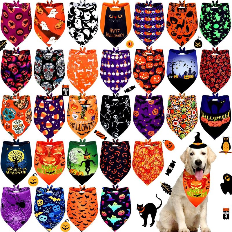 Photo 1 of 30 Pcs Halloween Dog Bandanas Bulk for Dogs Halloween Dog Bibs Triangle Reversible Dog Bandana Skull Ghost Skeleton Pumpkin Adjustable Washable Pet Scarf for Cats Dogs (X-Large)
