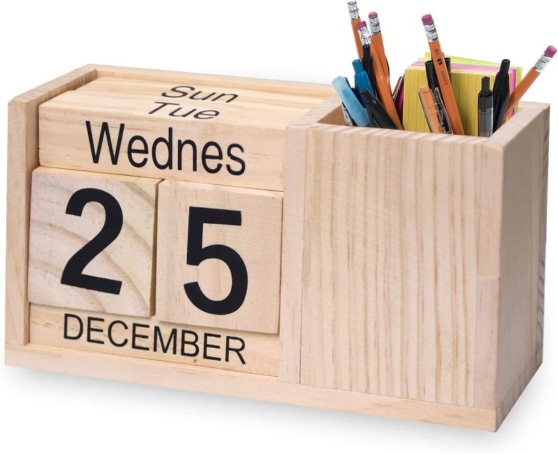 Photo 1 of MICKYU Wooden Desk Calendar Pen Holder - Perpetual Calendar Block Weekly Monthly Date Display - Perfect Office Supplies Farmhouse Decor
