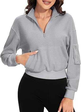 Photo 1 of  PHISOCKAT Half Zip Sweatshirt Women, Womens Quarter Zip Pullover Waffle Hoodies for Women Kangaroo Pocket Cropped Sweatshirt SIZE M