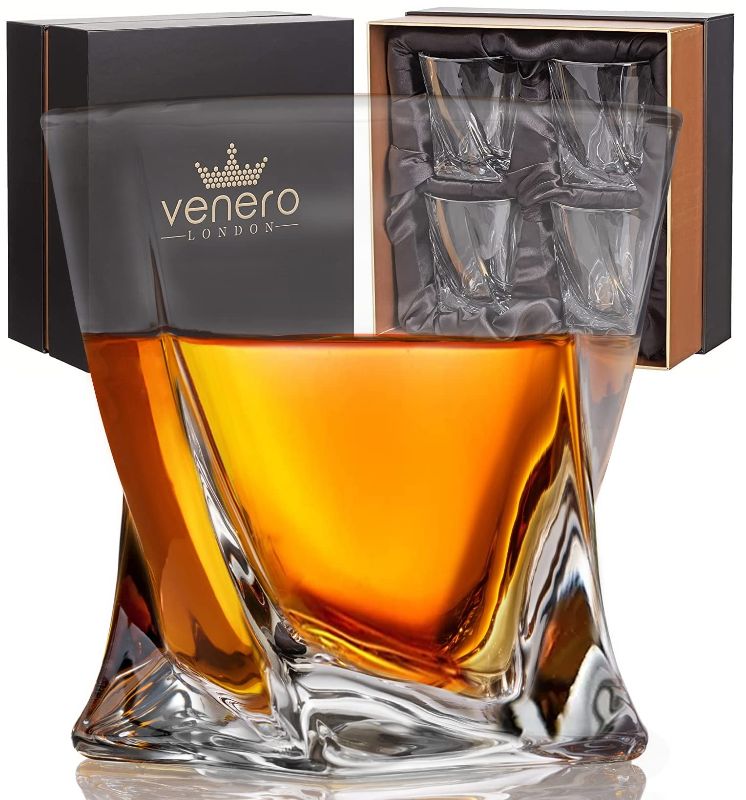 Photo 1 of  VENERO Crystal Whiskey Glasses, Set of 4 Rocks Glasses in Satin-Lined Gift Box - 10 oz Old Fashioned Lowball Bar Tumblers for Drinking Bourbon, Scotch Whisky, Cocktails, Cognac 