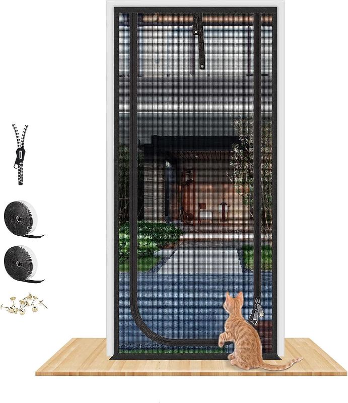 Photo 1 of  QWR Upgraded Pet Screen Door Fits Doors Up to 36"x84",Heavy Duty Cat Proof Mesh Screen Door with Zipper Closure,Prevent Cats Running Out from Home,Bedroom,Living Room,Kitchen(U-Type,Black) 