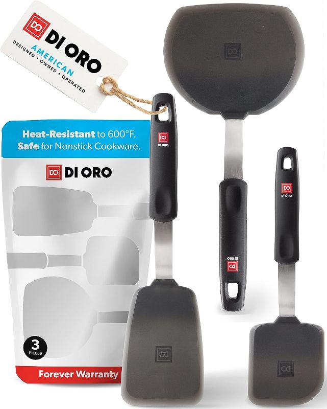 Photo 1 of  DI ORO Silicone Turner Spatula Set - Kitchen Spatulas for Nonstick Cookware - Flexible & Thin Cooking Turners for Flipping Pancakes & Eggs - 600°F Heat-Resistant & BPA Free - Dishwasher Safe (Black) 
