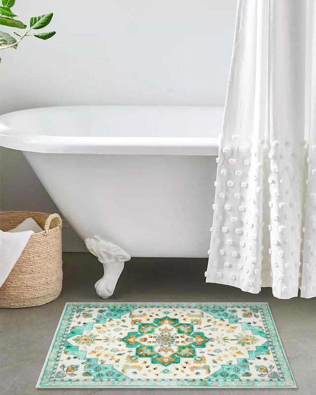 Photo 1 of  Seavish Vintage Bath Rugs for Bathroom 20"x32" Green Bathroom Rugs Non Slip Washable Oriental Aesthetic Bathroom Shower Floor Mat Ribal Home Decor for Bathtub Bedroom Kitchen 