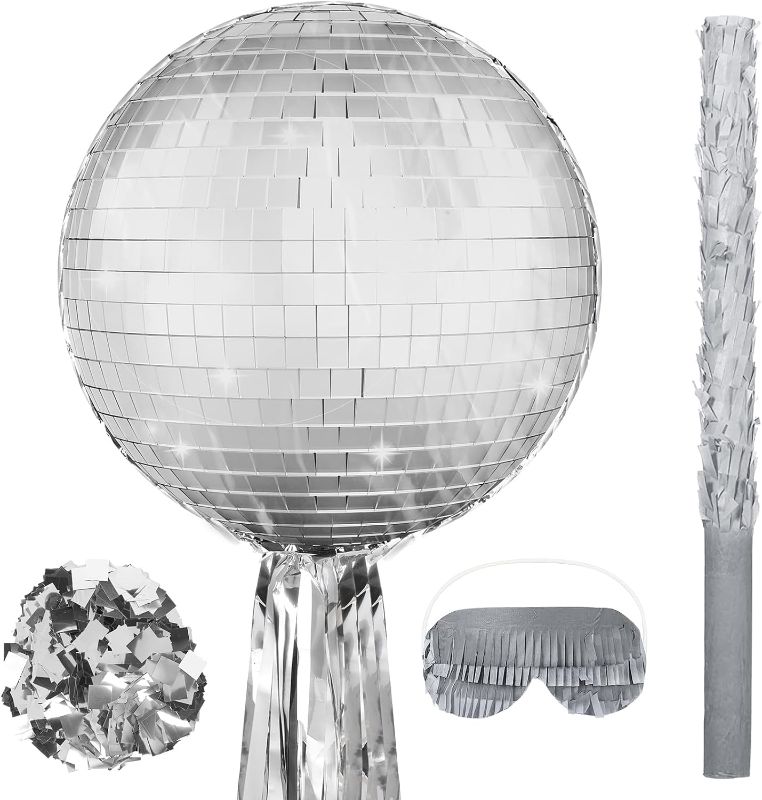 Photo 1 of  Aoriher Disco Ball Pinata Bundle Girl Disco Party Pinata Set Include Mirror Disco Ball Pinata Bat Stick Blindfold Mask for Disco Theme Birthday Wedding Party Supplies Decor, 12.6 x 12.6 x 3 Inch 