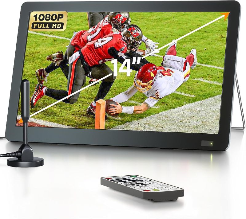 Photo 1 of  14 inch Portable TV with Antenna, DESOBRY Portable Smart TV with ATSC Tuner, Rechargeable Battery Operated Mini TV LCD Monitor 1080P,Built-in TV Stand,HDMI Input,USB,AV In,Supports Camping,Kitchen,Car 