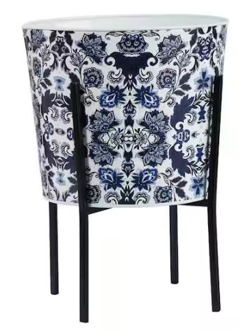 Photo 1 of 16 in. Oriental Blue and White Classic Round Metal Planter with Stand
