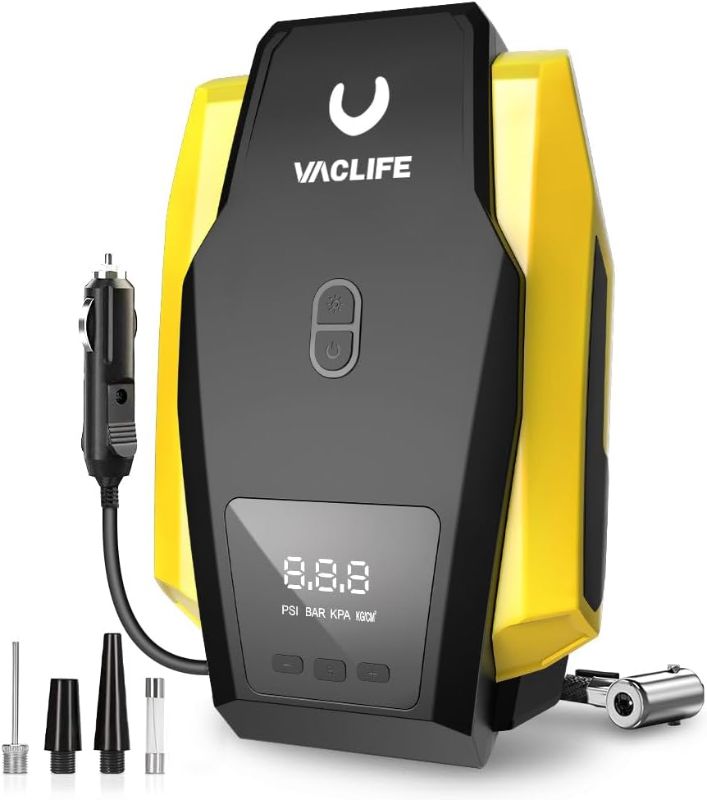Photo 1 of  VacLife Portable Air Compressor - Air Pump for Car Tires (up to 50 PSI), 12V DC Tire Pump for Bikes (up to 150 PSI) w/ LED Light, Digital Pressure Gauge, Model: ATJ-1166, Yellow (VL701) 