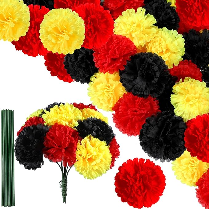 Photo 1 of 100 Pcs Artificial Marigold Flowers with Stems 3.5 Inch Day of The Dead Silk Marigold False Flower Halloween Party Dia De Los Muertos Decor Altar Decors for DIY Marigold Garland (Black,Yellow,Red)
