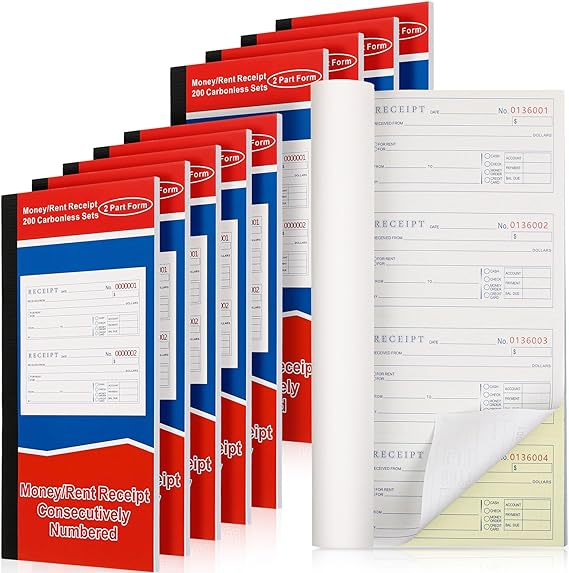 Photo 1 of Crtiin 10 Pads Money and Rent Receipt Book Bound Cover 2 Part Carbonless Receipt Book with Carbonless Copies Receipt Log Book 200 Sets Per Book 4 Receipts Per Page (5.25 x 11 inches/ 13.3 x 27.9 cm)
