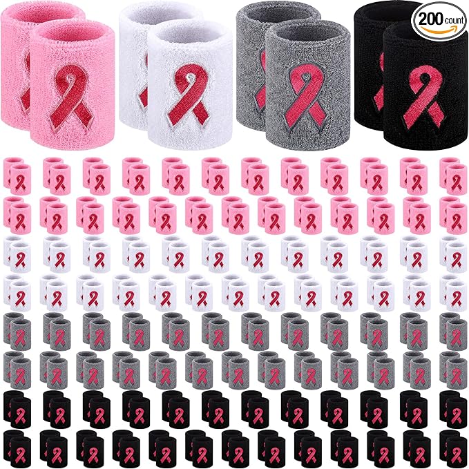 Photo 1 of 100 Pcs Pink Ribbon Wristbands Bulk Breast Cancer Awareness Accessories Wrist Sweatbands Arm Bands Football Sweatbands for Men Women Youth Sports Basketball Baseball Athletic Party Favors
