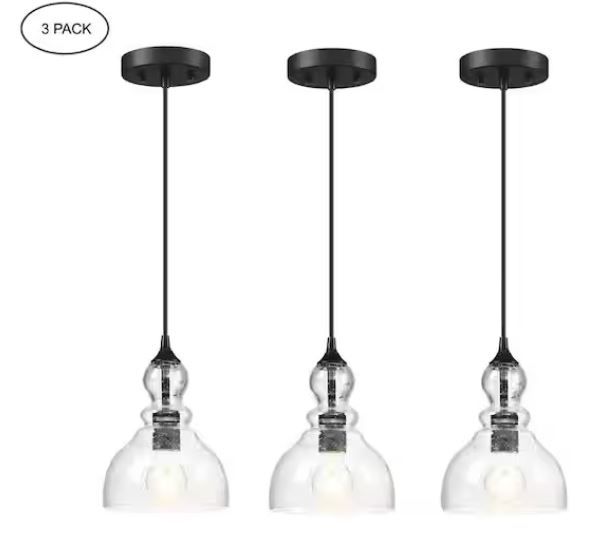 Photo 1 of 1-Light Kitchen Island Teardrop Seeded Glass Pendant with Black Finish 3-pack
