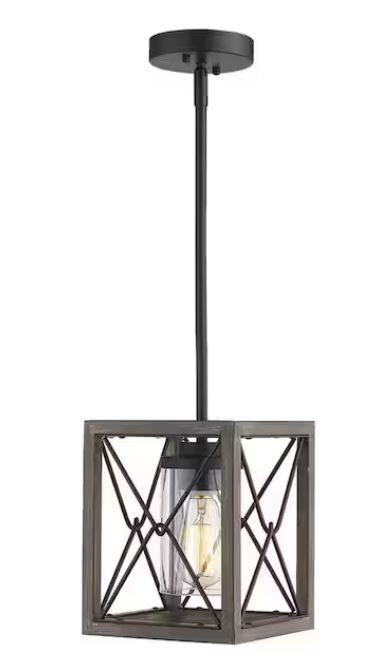 Photo 1 of 1-Light Wood and Black Farmhouse Caged Chandelier Pendant Light with Metal Shade
