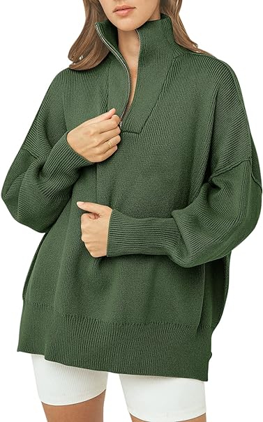 Photo 1 of Caracilia Women's Oversized Sweater 2023 1/4 Zipper Collar Long Sleeve Drop Shoulder Slouchy Pullover Top- large army green
