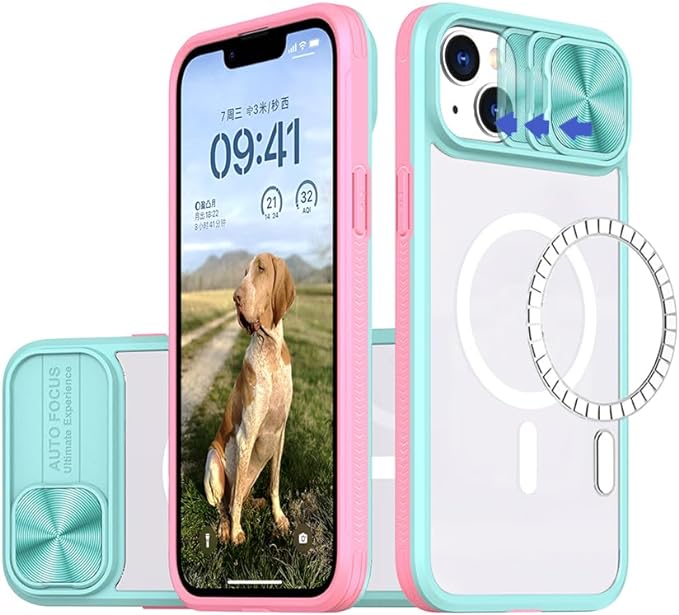 Photo 1 of DNGN for iPhone 15 Case Strong Magnetism Compatible with MagSafe Wireless Charging Camera Lens Slide Protective Cover Heavy Shockproof Bumper (Pink and Blue)
