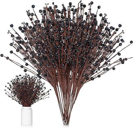Photo 1 of 10 Pcs Halloween Artificial Berry Stem Picks Artificial Pip Berry Stems Halloween Patriotic Stems Black Pip Berry Stems for Halloween Vase Haunted House Gothic Floral Artificial Decor

