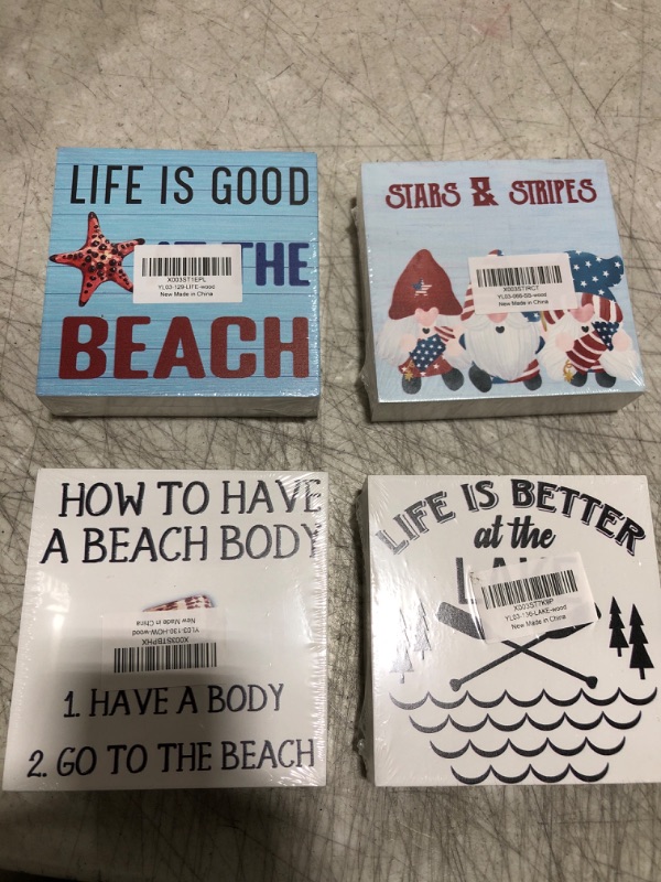 Photo 2 of (4 pack) Farmhouse Beach Theme Wooden Box Sign Artwork Summer Beach Wood Plaque Block Desk Sign Home Outdoor Table Shelf Decor 5 x 5 Inches