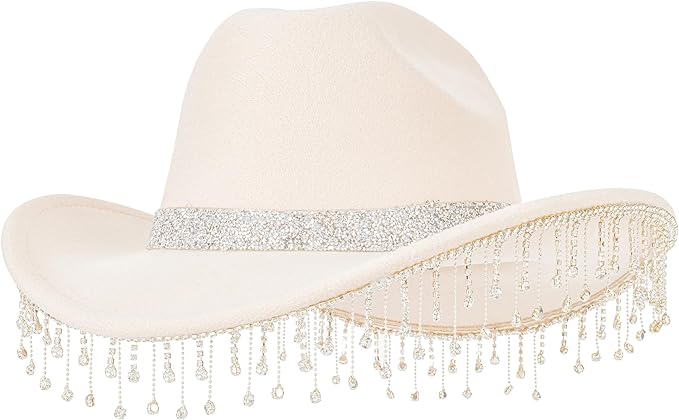 Photo 1 of IZUS Rhinestone-Fringe Felt Cowgirl Hat - Diamond-Tape-Crown Western Cowboy Hat Bachelorette Party Bride Disco Costume Black 58cm fit for Medium/Large