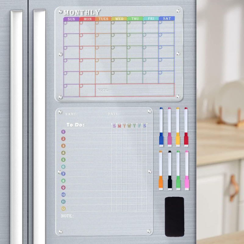 Photo 1 of Acrylic Calendar for Fridge,Monthly & Weekly Magnetic Fridge Calendar 16"X12" Clear 2 Set Calendar for Refrigerator Reusable Planner, Includes 8 Colors Magnetic Dry Erase Board Markers with Eraser