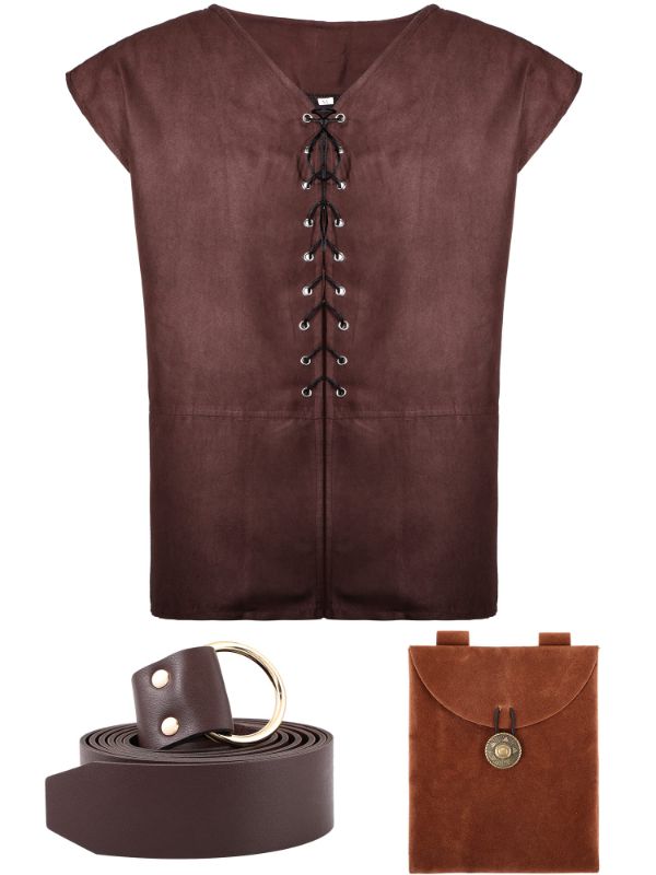 Photo 1 of 3 Pcs Renaissance Accessories Set Gothic Pirate Vest Medieval Leather Belt Suede Jewelry Belt Pouch for Men Costume Dark Brown