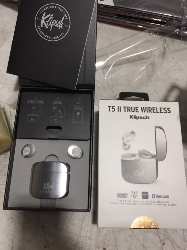 Photo 2 of Klipsch T5 II True Wireless Bluetooth 5.0 Earphones in Silver with Transparency Mode, Beamforming Mics, Best Fitting Ear Tips, and 32 Hours of Battery Life in a Slim Charging Case