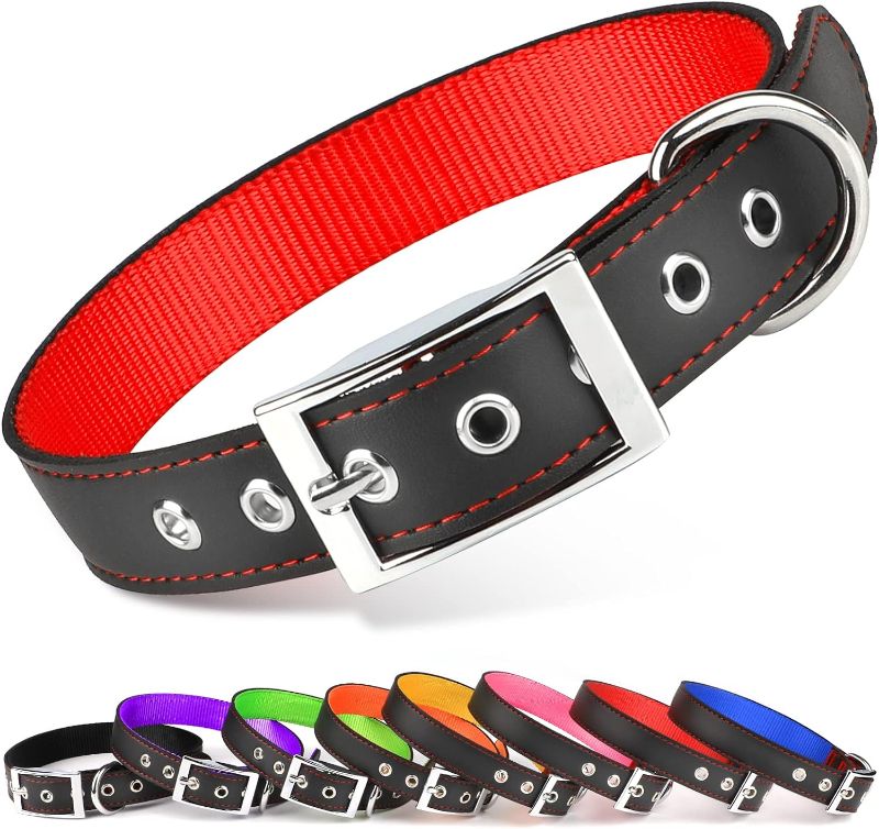 Photo 1 of  Padded Leather Dog Collar for Small Medium Large Dog Adjustable Soft Breathable Leather Durable Pet Collar RED