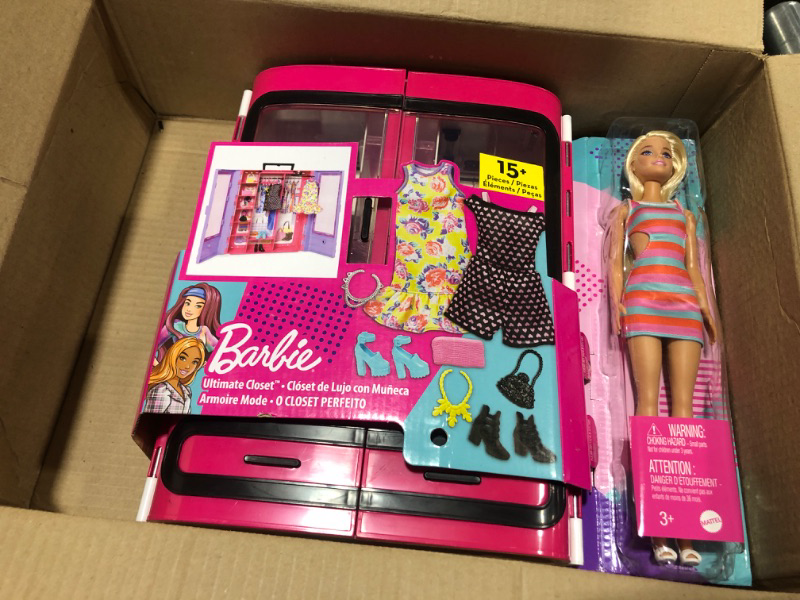 Photo 2 of Barbie Fashionistas Ultimate Closet Portable Fashion Toy with Doll, Clothing, Accessories and Hangers, Gift for 3 Years Old and Up Purple Closet with Doll