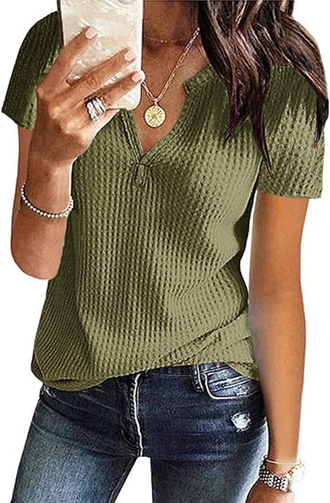 Photo 2 of AUSELILY Women's Summer Waffle Knit Short Sleeve Tunic Tops V Neck Henley Loose Blouses Shirts S
