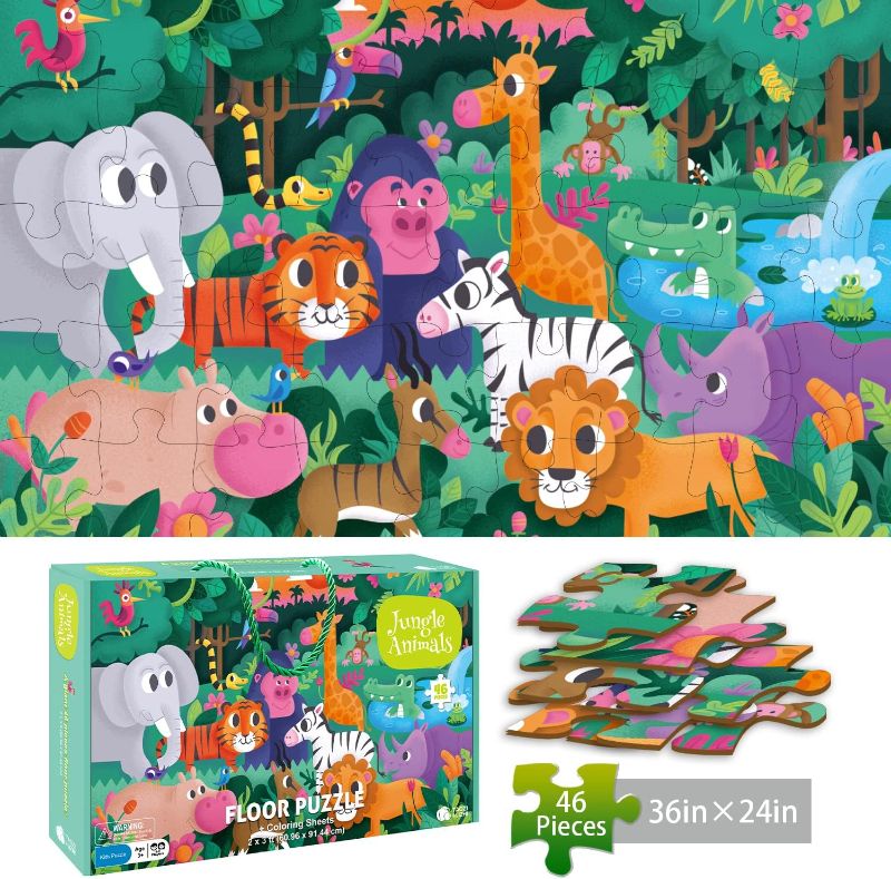 Photo 1 of  Jumbo Jigsaw Puzzles, Jungle Animals, Large Floor Puzzle for Kids Ages 3-5, 4-8, Christmas Toddler Puzzles with Hand-held Gift Box, Preschool Learning & Education Toys(46 pcs, 2 x 3 feet)