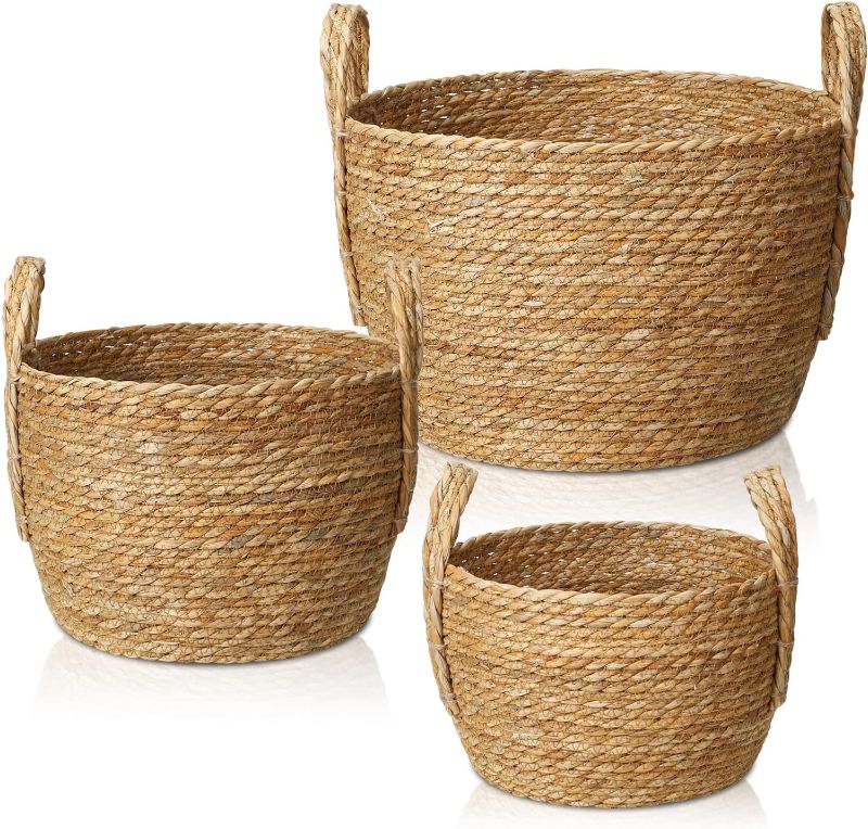 Photo 2 of  3 Pcs Woven Storage Baskets with Handles Round Baskets Woven Organizer Baskets Decorative Rope Basket Bin for Living Room Bathroom Laundry Toys Storage Nursery, 3 Size