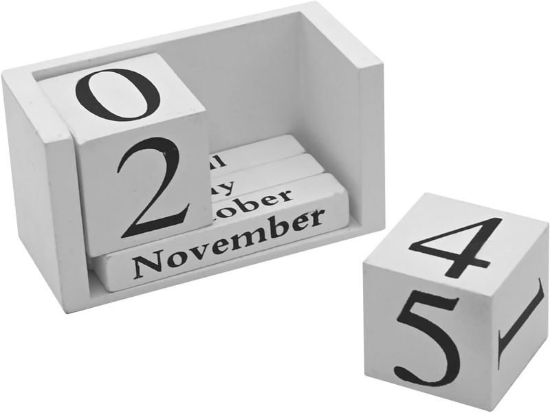 Photo 1 of MICKYU Wooden Desk Calendar - Perpetual Calendar Block Month Date Display - Farmhouse Classroom Office Decor (Small-White)
